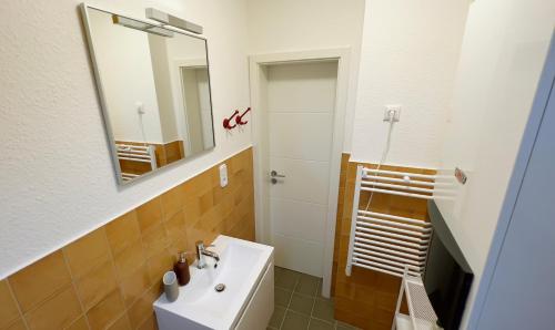 杜伊斯堡Big flat with fresh renovation, free parking, SonyPS, Netflix的一间带水槽和镜子的浴室