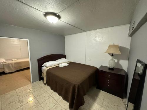 圣胡安1BR Plus Basement, Near Beach and Restaurants的一间卧室配有一张床和一个带灯的梳妆台