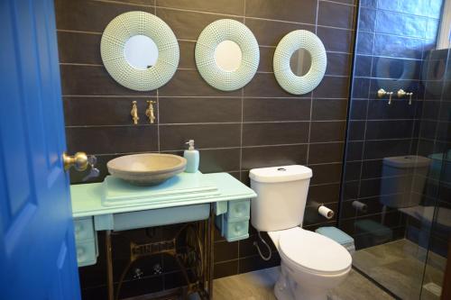 科恰班巴Casa de Campo Solar Tere的浴室设有卫生间、水槽和镜子。