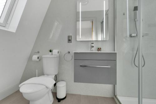 伦敦homely - West London Apartments Putney的白色的浴室设有卫生间和淋浴。