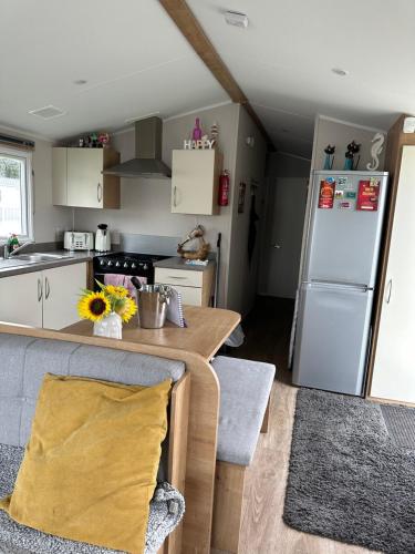 博斯Powys 37的厨房配有桌子和冰箱