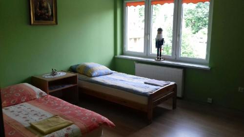帕奇库夫Uslugi Hotelowe Władysław的绿色的客房设有床和窗户。