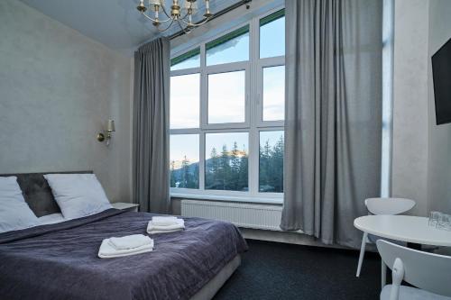 德拉格布拉特Diamant Dragobrat的一间卧室设有一张床和一个大窗户