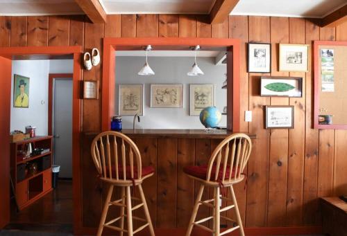 腓尼基Panther Mountain Lodge的带木墙的厨房内的2个酒吧凳