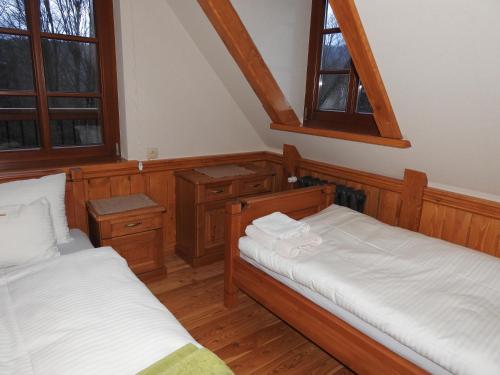 耶莱尼亚古拉-雅戈尼昂库夫Willa pod Lipami Jagniątków的一间卧室设有两张床和两个窗户。