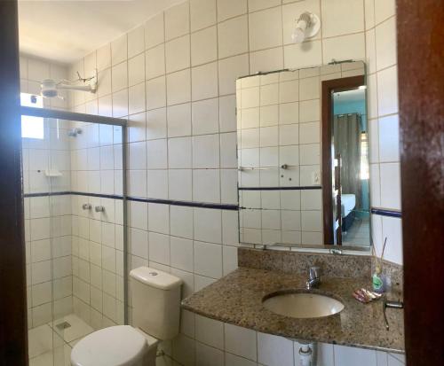 伊列乌斯Pousada e Restaurante Palomar的一间带卫生间、水槽和镜子的浴室