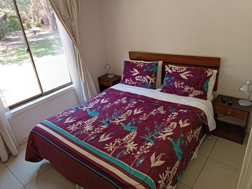 圣何塞德迈波Cabaña El Tiempo Es Arte的一间卧室配有一张带紫色棉被的床和窗户。
