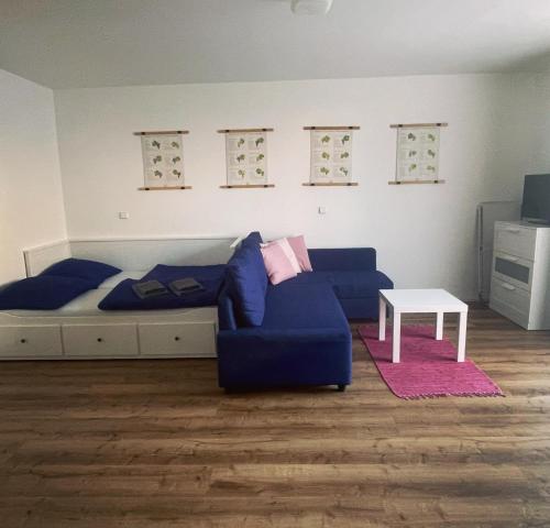 帕索尔维基PÁLAVSKÉ DOMKY的客厅配有蓝色的沙发和床。