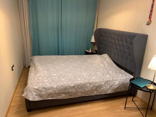 维尔纽斯Cosy apartment near downtown and airport的一间卧室配有一张带灰色床头板的床