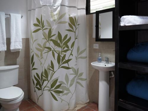 里瓦斯Room to Roam的浴室设有植物图案的浴帘