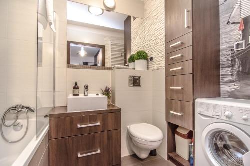 科沃布热格Apartament z Ogródkiem - Alldayholiday的一间带卫生间和洗衣机的浴室