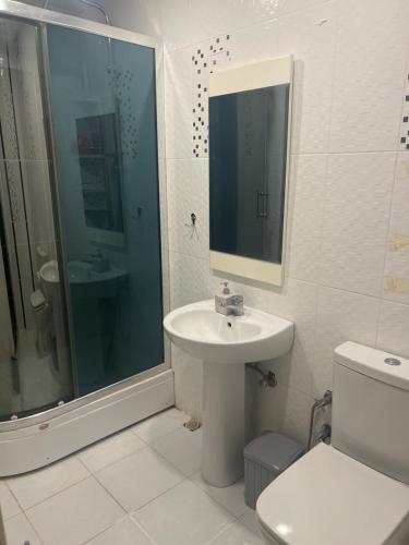 安塔利亚Flat For Rent Near The Beach, Konyaaltı, Antalya的一间带水槽、淋浴和卫生间的浴室