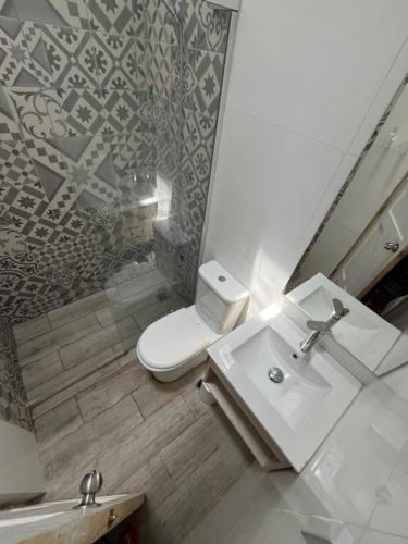 通戈伊Muelle Apart Hotel的浴室配有白色卫生间和盥洗盆。