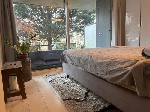 阿姆斯特丹Homestay Properties的一间卧室设有一张床和一个大窗户