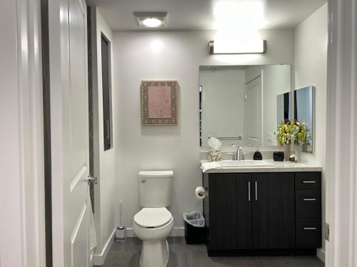 洛杉矶APARMENT IN SUNSET的一间带卫生间、水槽和镜子的浴室