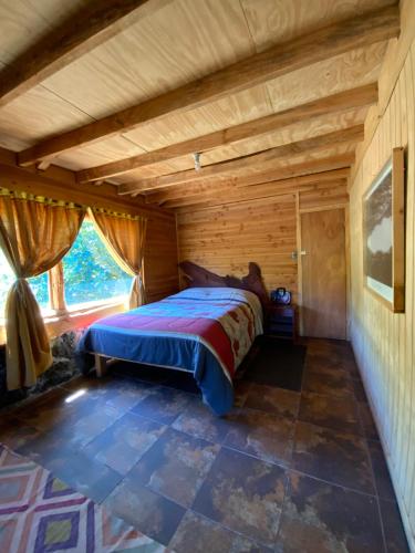 梅利佩乌科Magma Conguillio的木制客房内的一间卧室,配有一张床