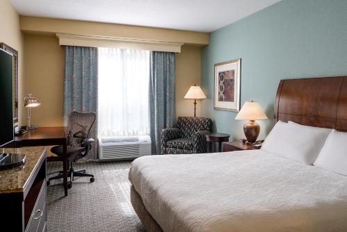 比林斯比林斯希尔顿花园酒店的配有一张床、一张书桌和一扇窗户的酒店客房