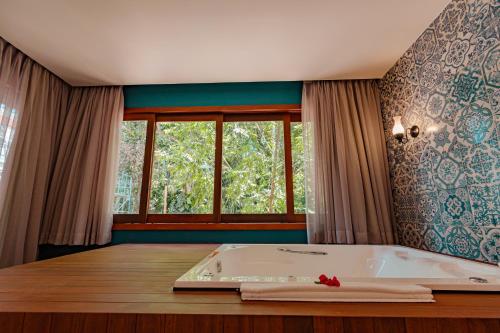 伊塔卡雷Resende Imperial Hotel & Spa的一间带浴缸和窗户的卧室