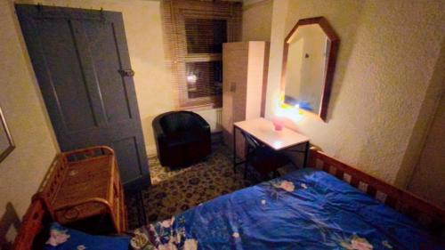斯劳Briton Room的一间卧室配有蓝色的床和镜子