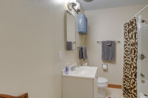 奥克兰Cozy Oakland Studio Rental, 13 Mi to San Francisco的一间带水槽、卫生间和镜子的浴室