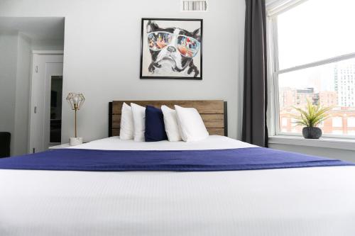 波士顿Charming Studio on Boston's Iconic Newbury St. #8的一张带蓝色毯子和窗户的床