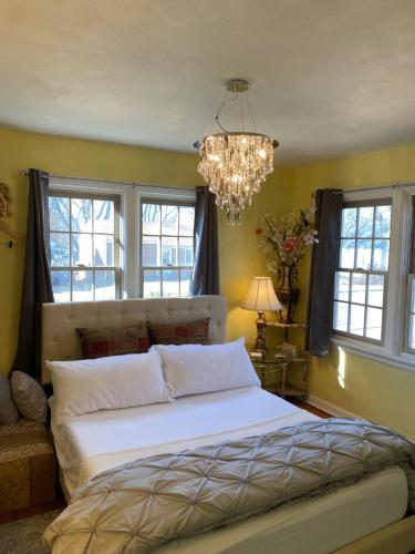 圣路易斯Cozy room near Airport & Highway的一间卧室配有一张大床和一个吊灯。