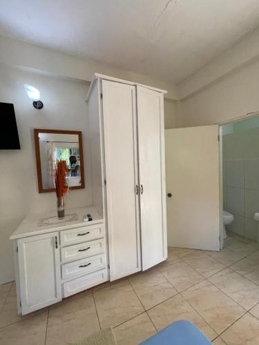 金斯敦Evergreen的一间设有浴室的客房内的白色橱柜