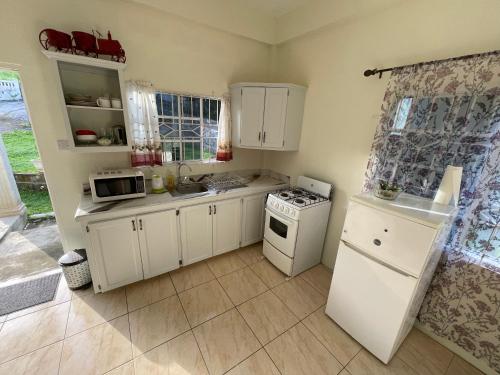 金斯敦Evergreen的厨房配有白色橱柜和白色炉灶烤箱。