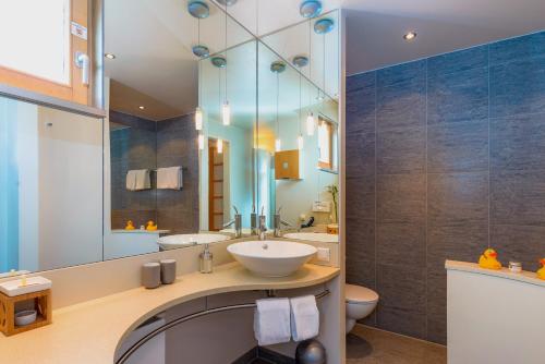 纽伦堡辛德勒霍夫酒店的一间带水槽、卫生间和镜子的浴室