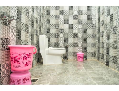 山姆Dynamic Desert Camp, Kanoi, Jaisalmer的浴室设有粉红色的卫生间和粉红色的桶