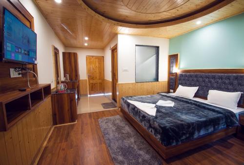 马拉里The Forest Pinnacle & Café, Manali的一间卧室配有一张床和一台平面电视