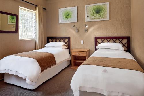 雾观Waterberry Hill的一间卧室设有两张床和窗户。