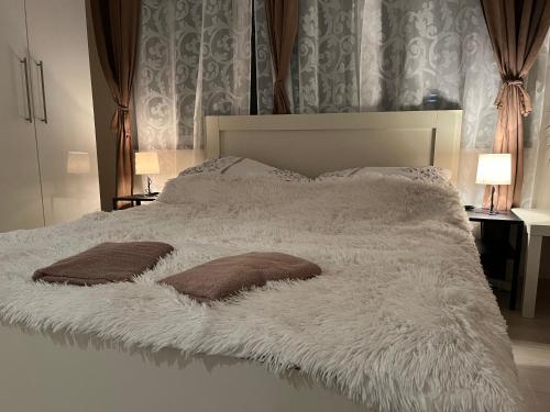 蒂萨菲赖德Idill Üdülőház 2的一张带两个棕色枕头的白色床