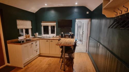 奥尔斯特Bijou Malthouse的厨房设有绿色的墙壁和木制台面