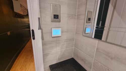 奥尔斯特Bijou Malthouse的一间带步入式淋浴和镜子的浴室