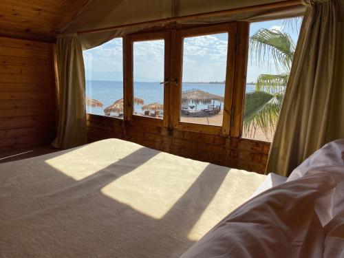 努韦巴Nuweiba Lodge的一间卧室配有一张床,享有海滩美景