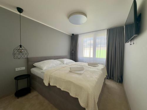 沙莫林Apartmán Olívia的一间卧室配有一张带白色床单的床和一扇窗户。