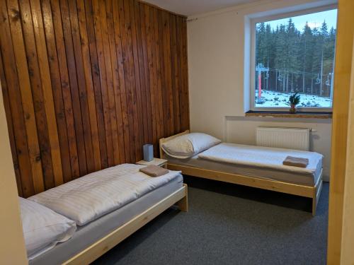 迪马诺卡多林纳Chata - Dom Horskej služby Jasna的带窗户的客房内的两张床