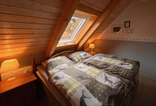 塔内Ferienwohnung Hexenstube 1的一间卧室配有一张床,房间设有窗户
