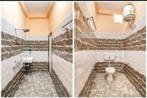 勒克瑙Shri Radhe Krishna Bhawan的浴室的两张照片,配有卫生间和水槽