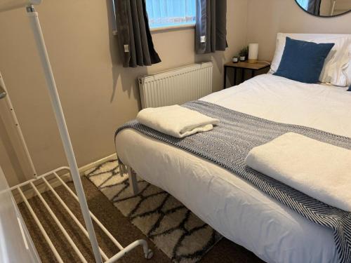 卡迪夫The Great Haxby City Centre Free Parking Cardiff Bay的一间卧室配有一张带蓝色枕头的床