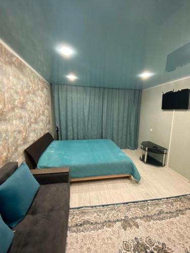 乌斯季卡缅诺戈尔斯克Однокомнатные апартаменты的一间卧室配有一张床、一张沙发和一台电视