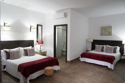 埃尔罗西奥Hospedarte Arenas de El Rocio的酒店客房,设有两张床和镜子