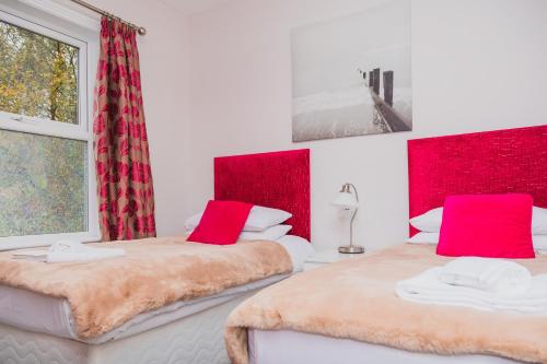 利兹Beechwood Accommodation in North Leeds的白色客房的两张床,红色点缀