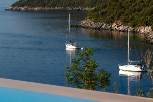 塞沃塔Villa Kalamos - Modern Villa in Sivota Bay with Direct Access to Sea的两艘船坐在岛上的水面上