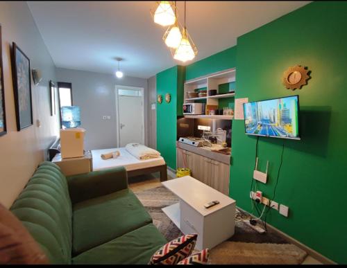 内罗毕Tsavo Royal Suburbs的带沙发和绿色墙壁的客厅