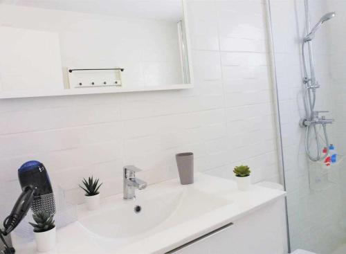 圣伊西德罗Vacaciones Sur Tenerife Ofogar的白色的浴室设有水槽和淋浴。