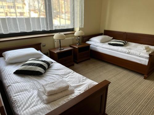 伊沃尼奇-兹德鲁伊GLORIETTA Apartments & SPA的配有两张床铺的客房配有两盏灯和毛巾