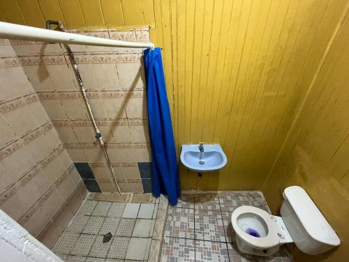 Coxen HoleHotel Gusto Bueno的浴室设有卫生间和蓝色的浴帘。
