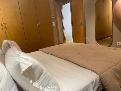 突尼斯Appartement a tunis的一间卧室配有一张带白色床单和镜子的床